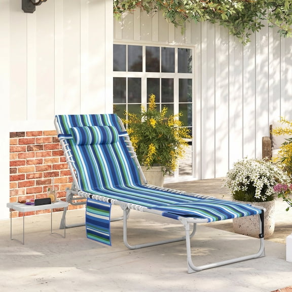 Outsunny Tanning Chair with Face Hole, Side Table, 5-Position Folding Outdoor Chaise Lounge Chair with Carry Straps, Blue Stripe