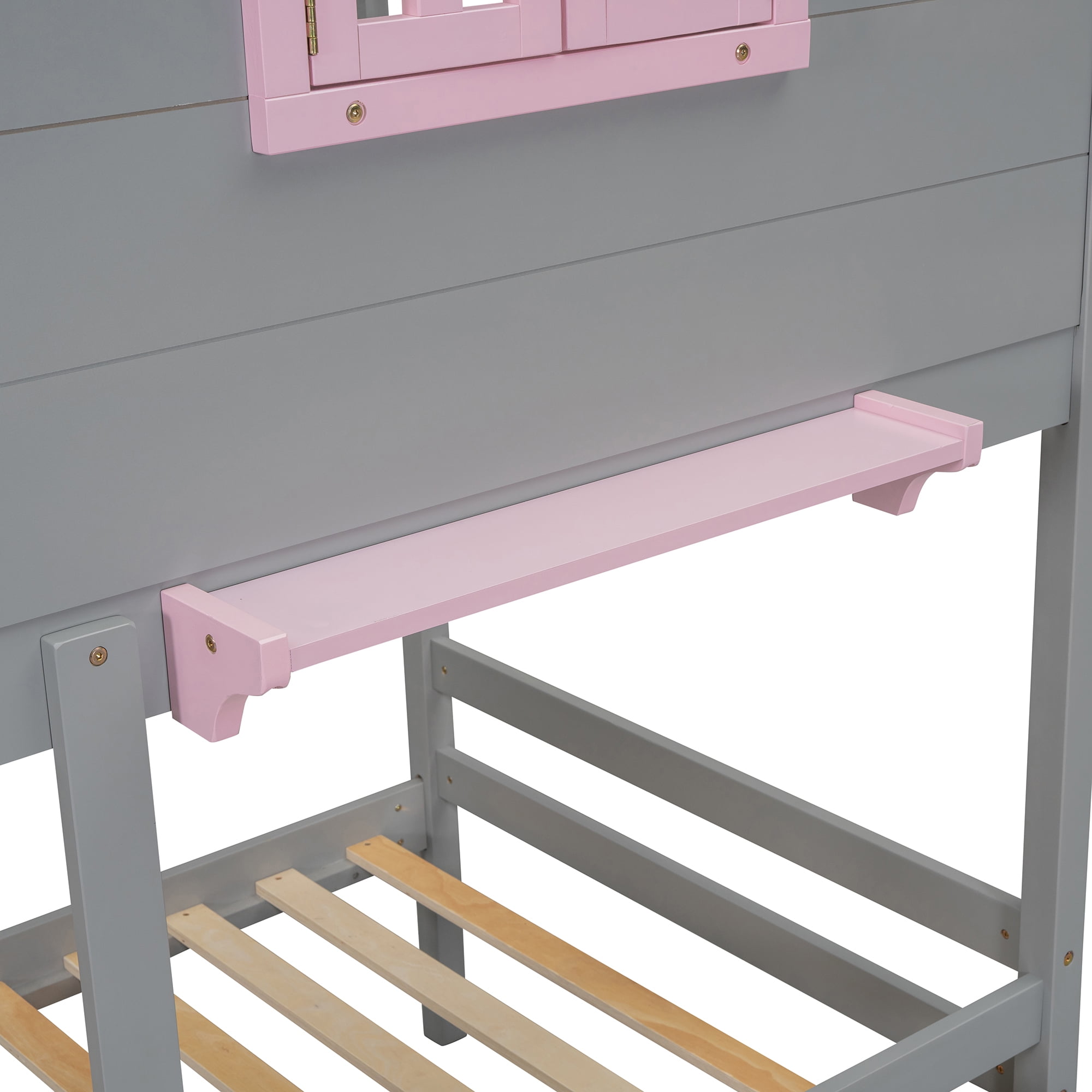Euroco Wood Twin over Twin Bunk Bed, House Bed with Roof and Window, 2 Drawers and Cabinets for Kids Teens Bedroom, Gray