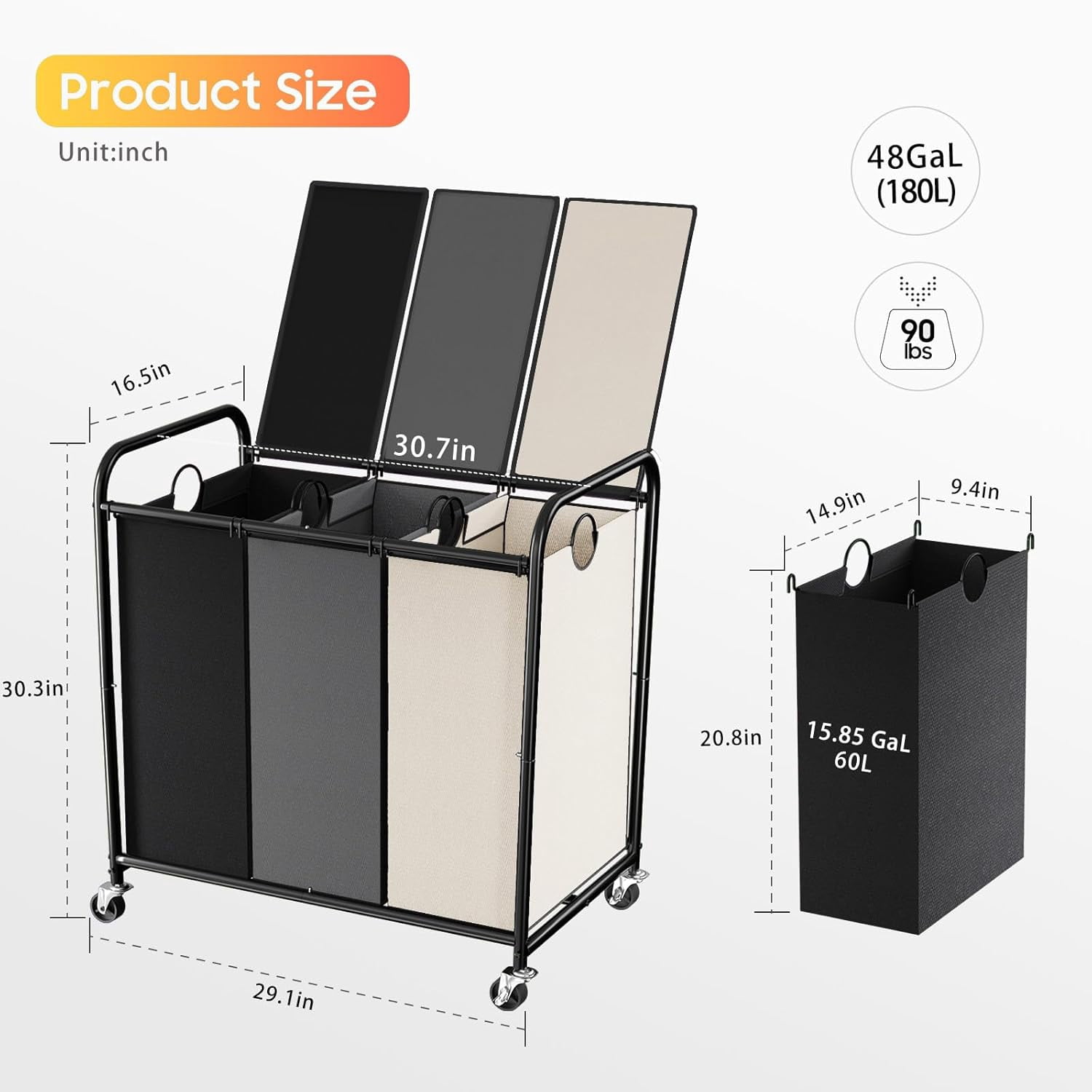 180L (47.55 Gal) Laundry Sorter 3 Section, Rolling Laundry Basket with Lockable Wheels and Lid, Laundry Hamper with 3 Separated Removable Bags Dirty Clothes Hamper for Laundry Room, Multicolored