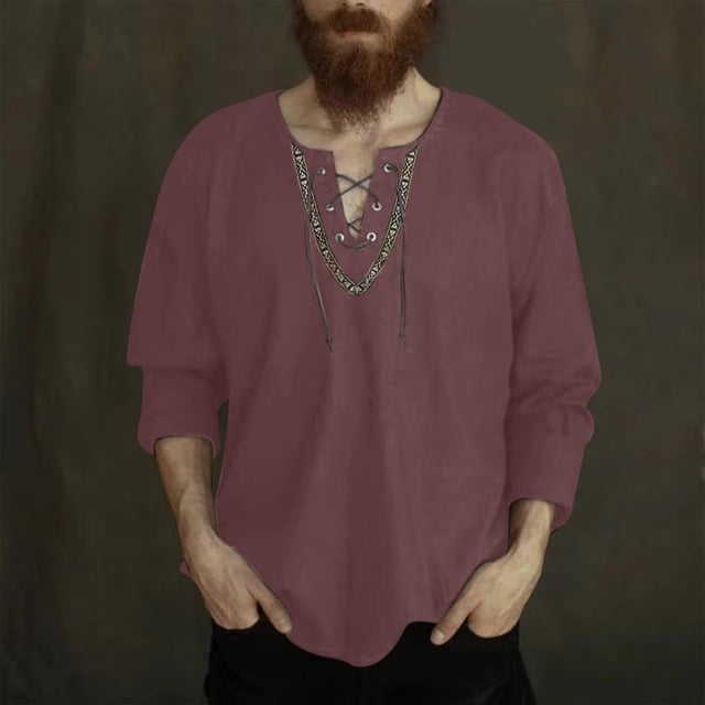 pstuiky Camisas de manga larga abrigadas para hombre, Camisa de lino holgada de manga larga con cordón y cuello en V para hombre, color liso camisetas de hombre xxxl