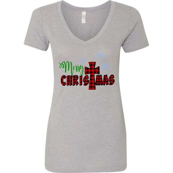 Inktastic Merry Christmas Buffalo Plaid Cross with Snowflakes Women's V-Neck T-Shirt