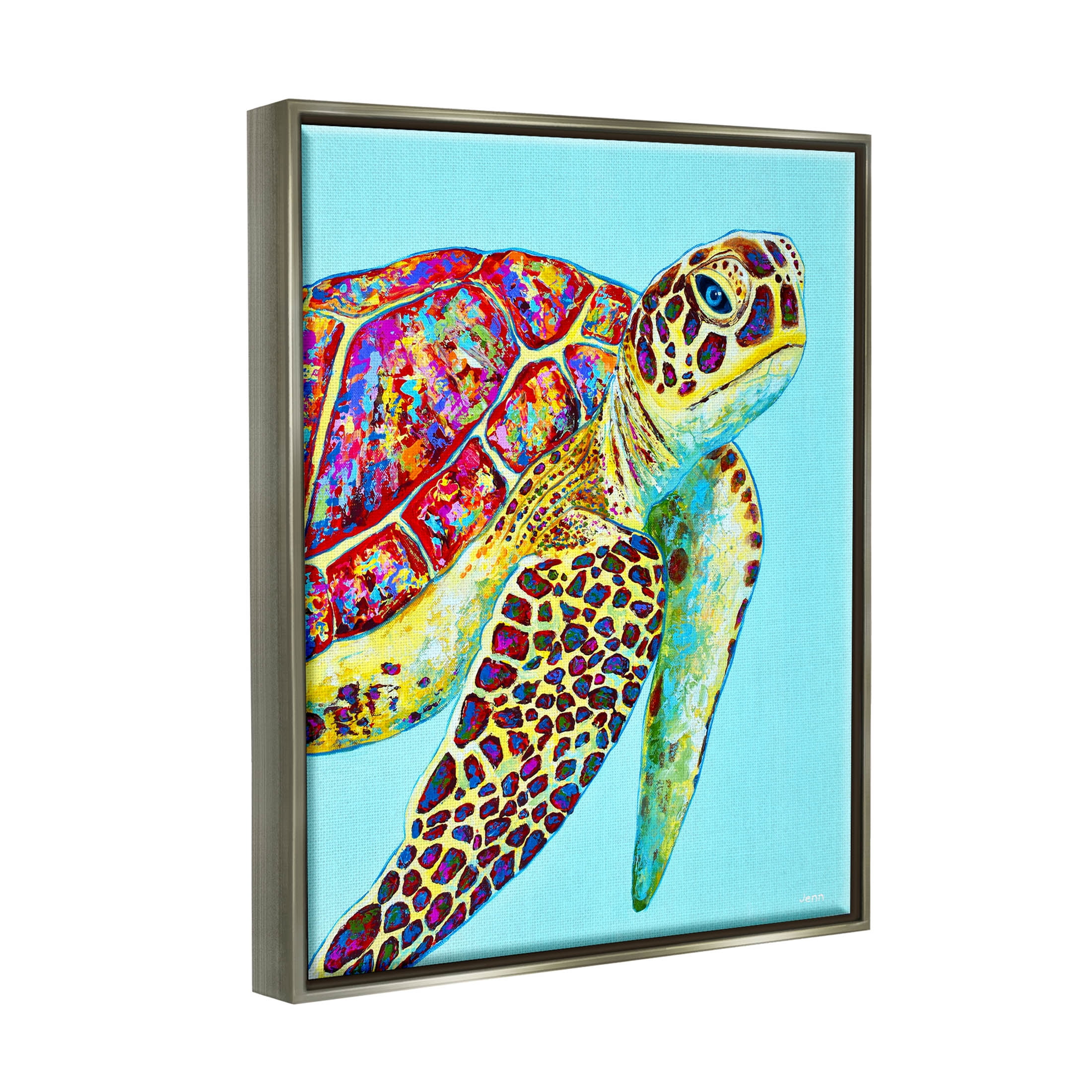 Swimming Sea Turtle Turquoise Accent Animals & Insects Graphic Art Luster Gray Framed Art Print Wall Art