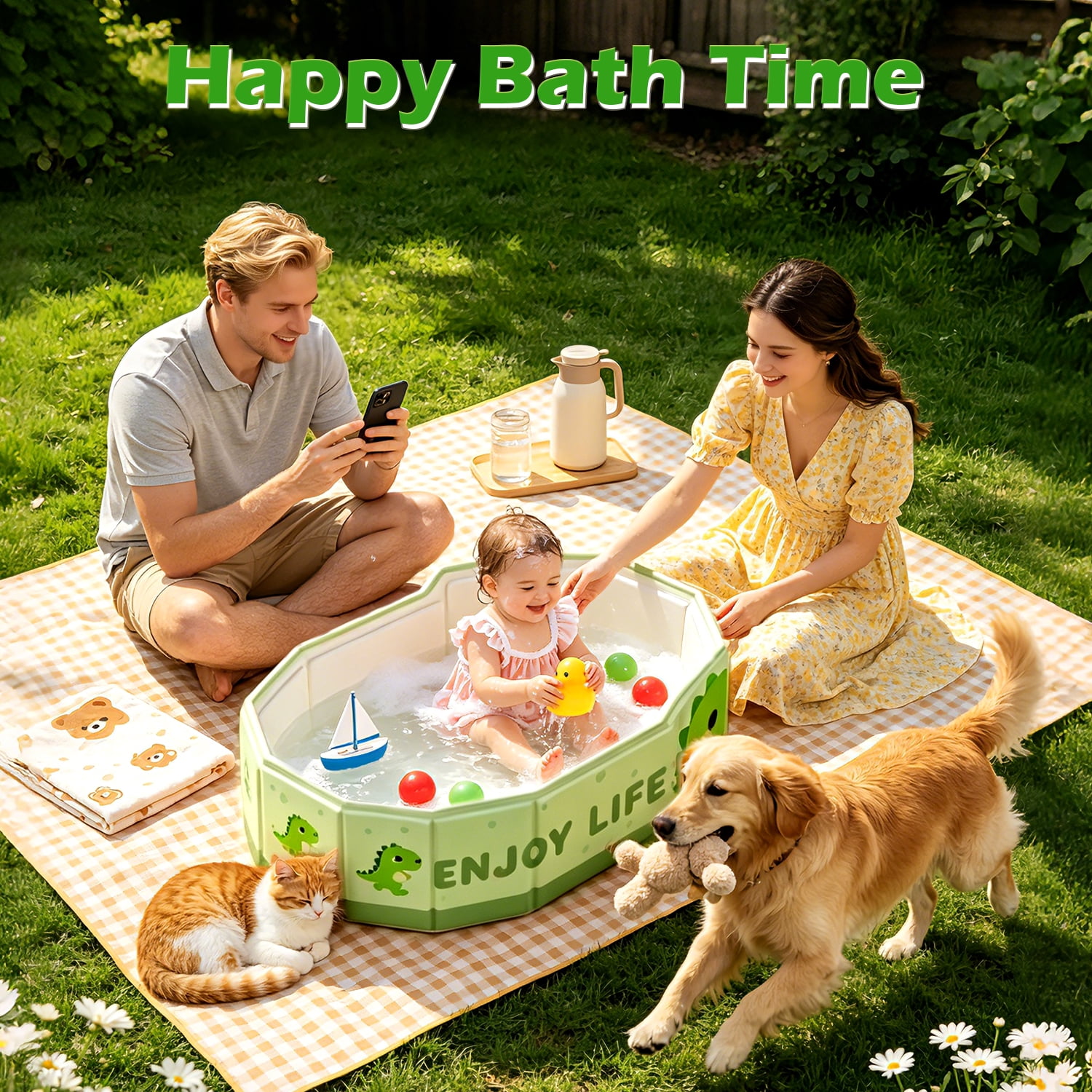 Wonderstone Portable Foldable Bathtub, Collapsible Baby Shower Tub with Drainage Design, Beach Vacation Travel Essentials for 1-3 Kids Toddler (Green)