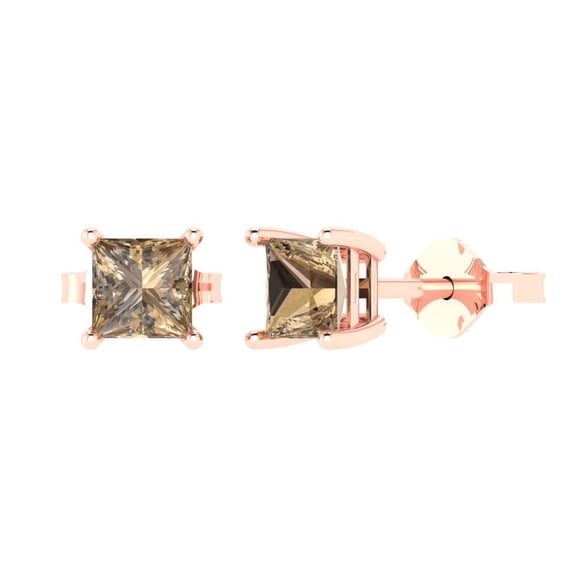 2 ct Push-Back Stud Earrings for Women | 5.5mm Princess Cut Simulated Champagne Diamond | 18K Rose Gold