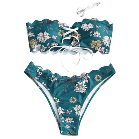

Push-Up Swimsuit Lace-up Bandeau Floral Scalloped Bikini Set Womens Swimwear Swimwears Tankinis Set plus Bathing Suit Board Shorts Boys American Sports Bra Women Bathing Suit Shirts for Juniors Women