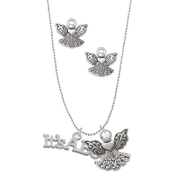 Delight Jewelry Silvertone Large ''It's a Boy'' Silver tone Guardian Angel Charm Necklace and Stud Earrings