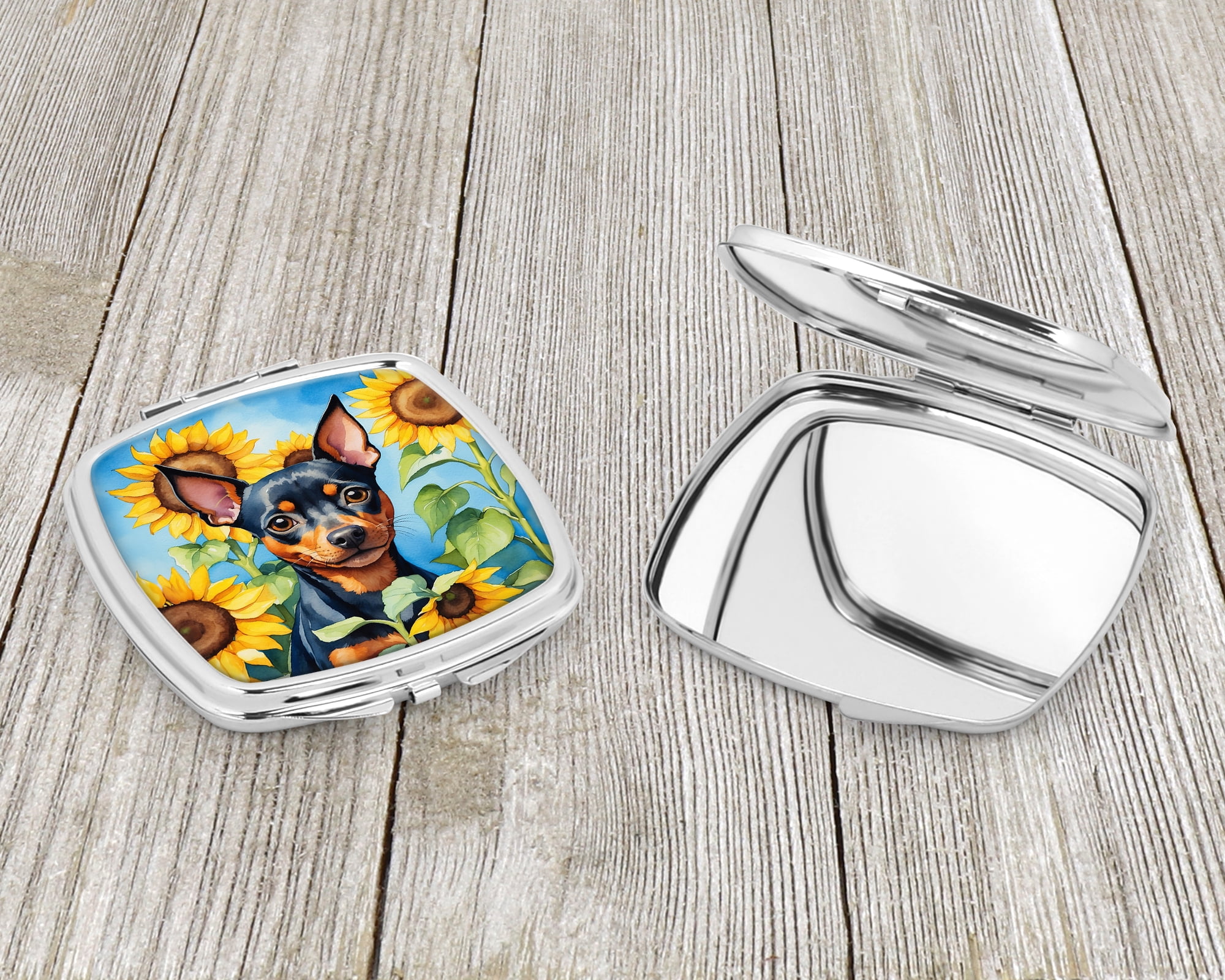 Miniature Pinscher in Sunflowers Compact Mirror 2.75 in x 3 in