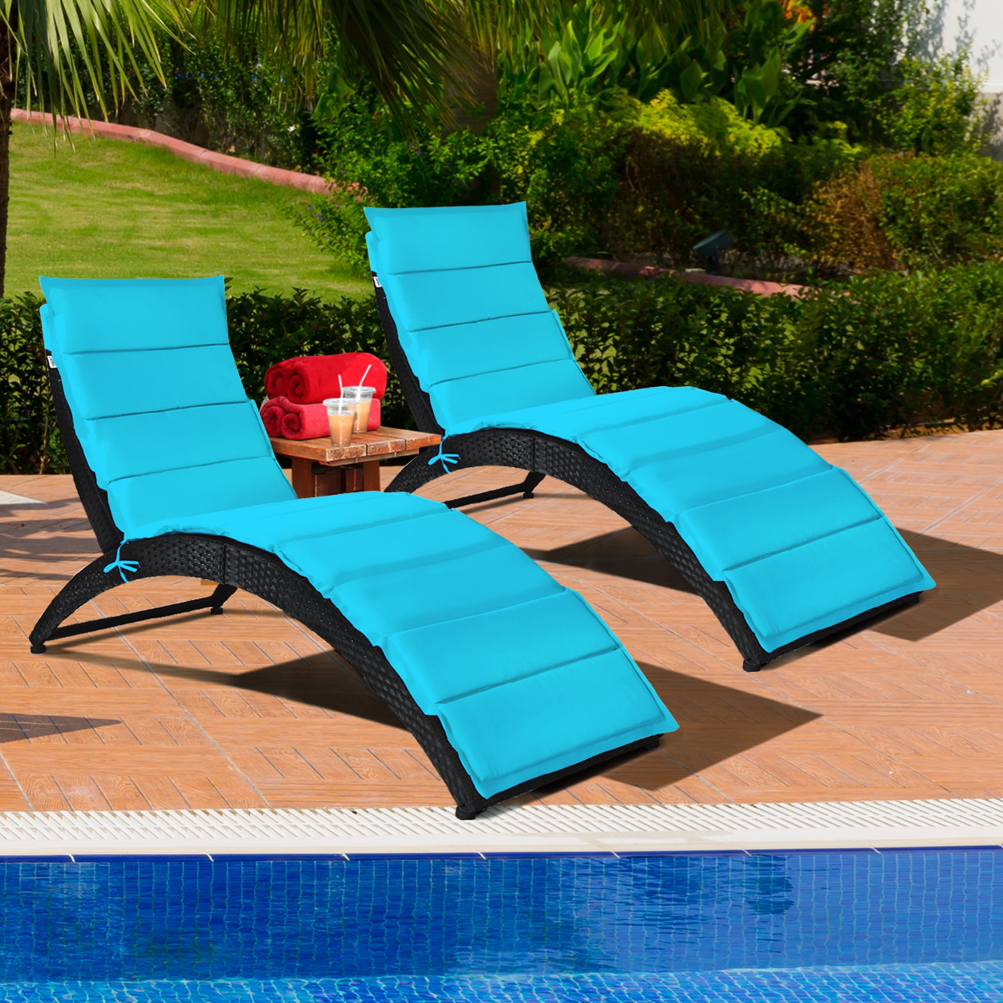 Gymax 2PCS Foldable Rattan Wicker Chaise Lounge Chair w/ Turquoise