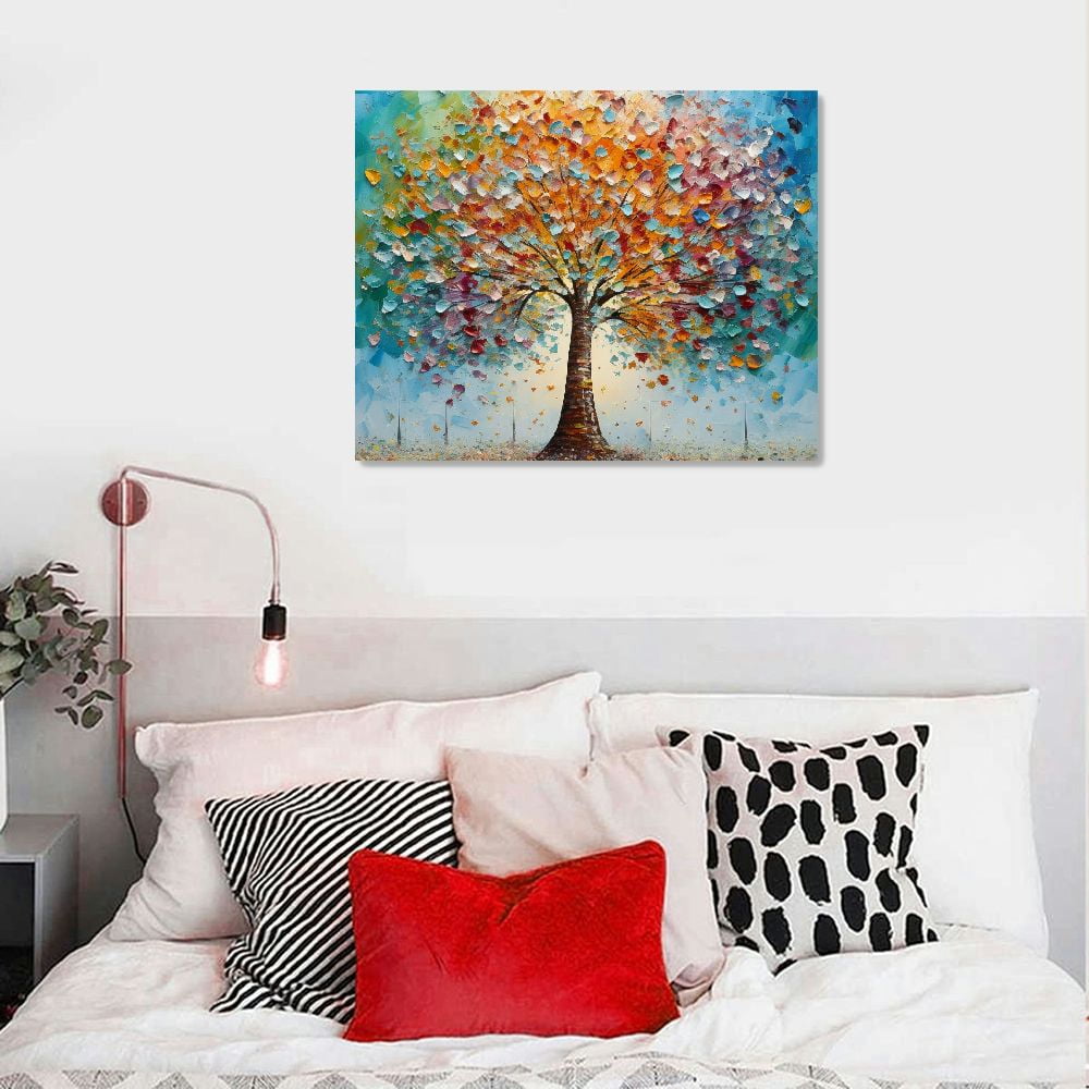 Abstract Tree of Life Canvas Wall Art, Large Colorful Leaf Tree Painting, Farmhouse Modern Textured Artwork for Bedroom Living Room Office, Ready to Hang