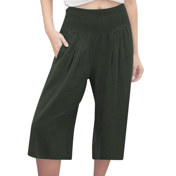 Pantalones capri casuales con cintura elástica y efecto lino para mujer - Pantalones deportivos de color liso con tejido crepé lavado para un uso diario cómodo