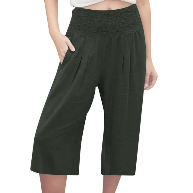 Pantalones capri casuales con cintura elástica y efecto lino para mujer - Pantalones deportivos de color liso con tejido crepé lavado para un uso diario cómodo