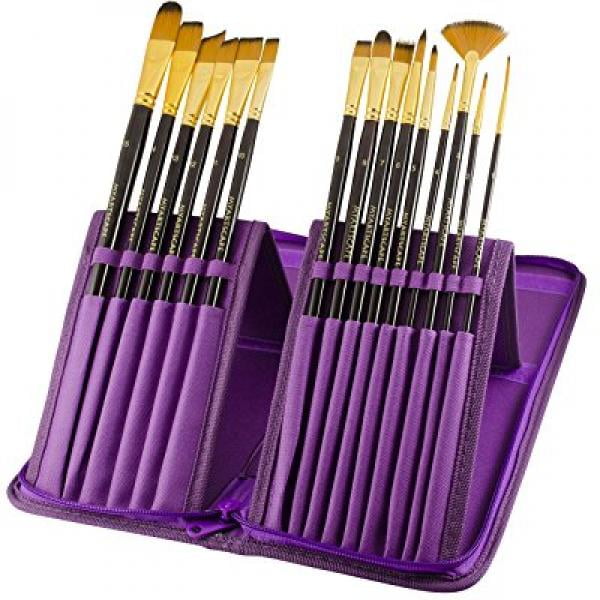 Acrylic 15 Pc Brush Set for Watercolour Paint Brushes Hot Pink Oil & Face Painting Long Handle Artist Paintbrushes with Travel Holder & Free Gift Box Premium Art Supplies by MyArtscape™