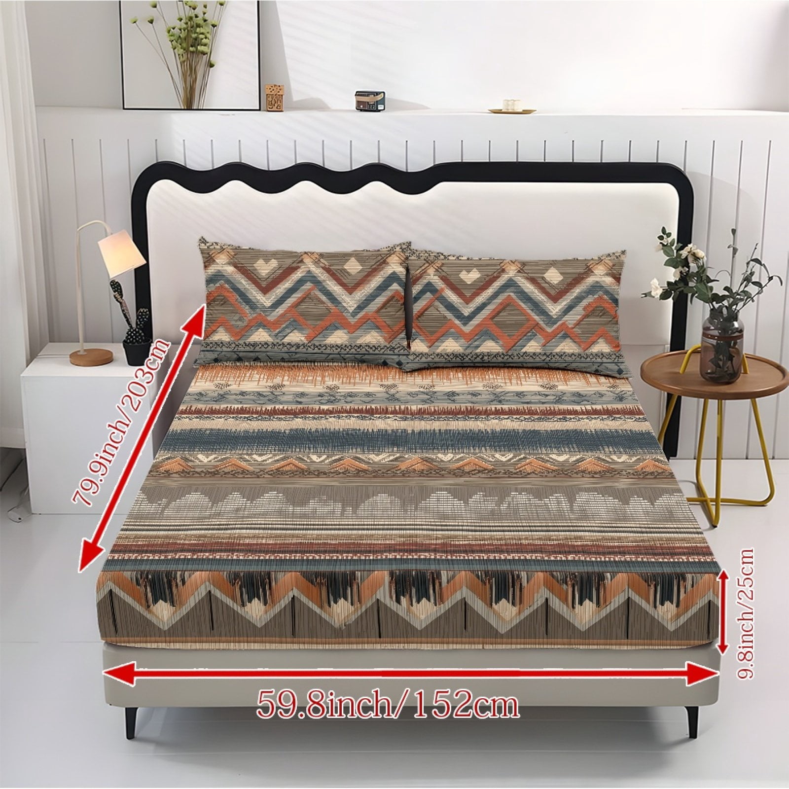 COEQINE Queen Size 3 Piece Sheet Set, Wrinkle Free Comfort Cooling Sheets All Around Elastic Fitted Holiday Bedding Set Home Decor for Women Men, American Tribal Stripe Totem