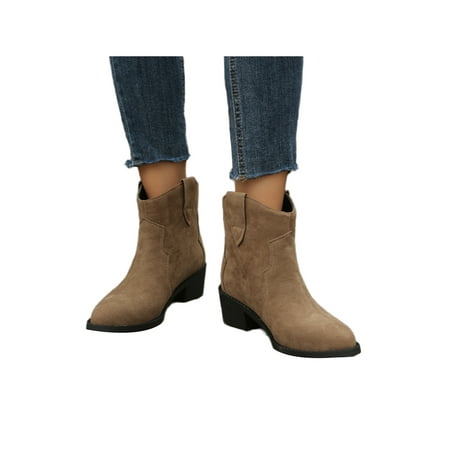 

Colisha Ladies Comfort Chunky Block Heel Short Bootie Work Anti-Slip Western Boot Embroidered Ankle Boots Khaki 8.5