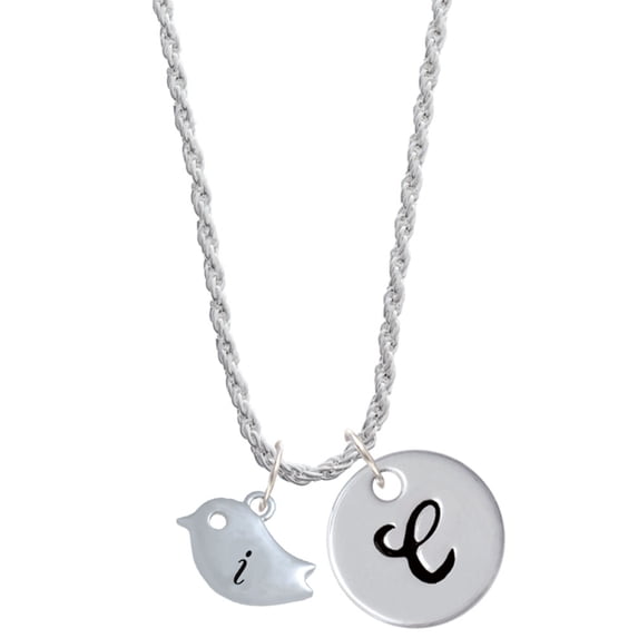 Delight Jewelry Silvertone Little Bird Initial - I - Silvertone Script Initial Disc - C - Charm Necklace, 20"+3"