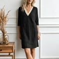 thumbnail image 5 of Vetsdori Black Women's Solid Color V-Neck Lace 3/4 Sleeve Linen Shift Dress Casual Flowy Summer, 5 of 9