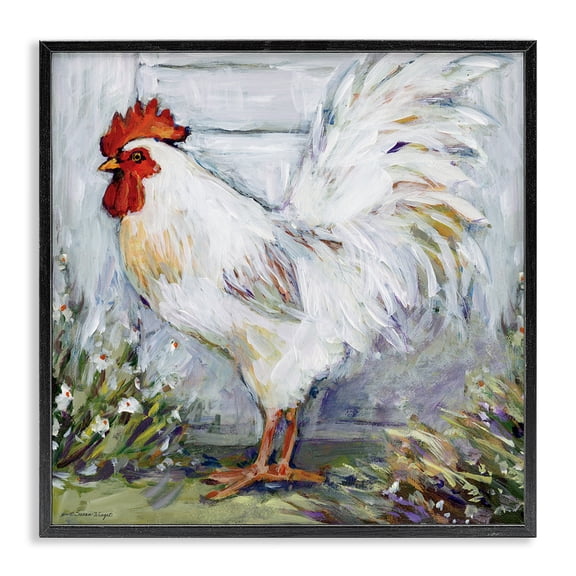 Stupell Industries Cottage White Rooster in Flower Garden Black Framed Giclee Art, 12 x 12, by Susan Winget