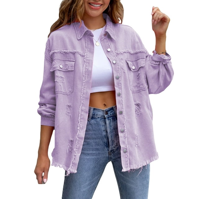 xiaxaixu Women's Ripped Distressed Denim Jacket Long Sleeve Button Down Boyfriend Jean Coat Trucker Jacket