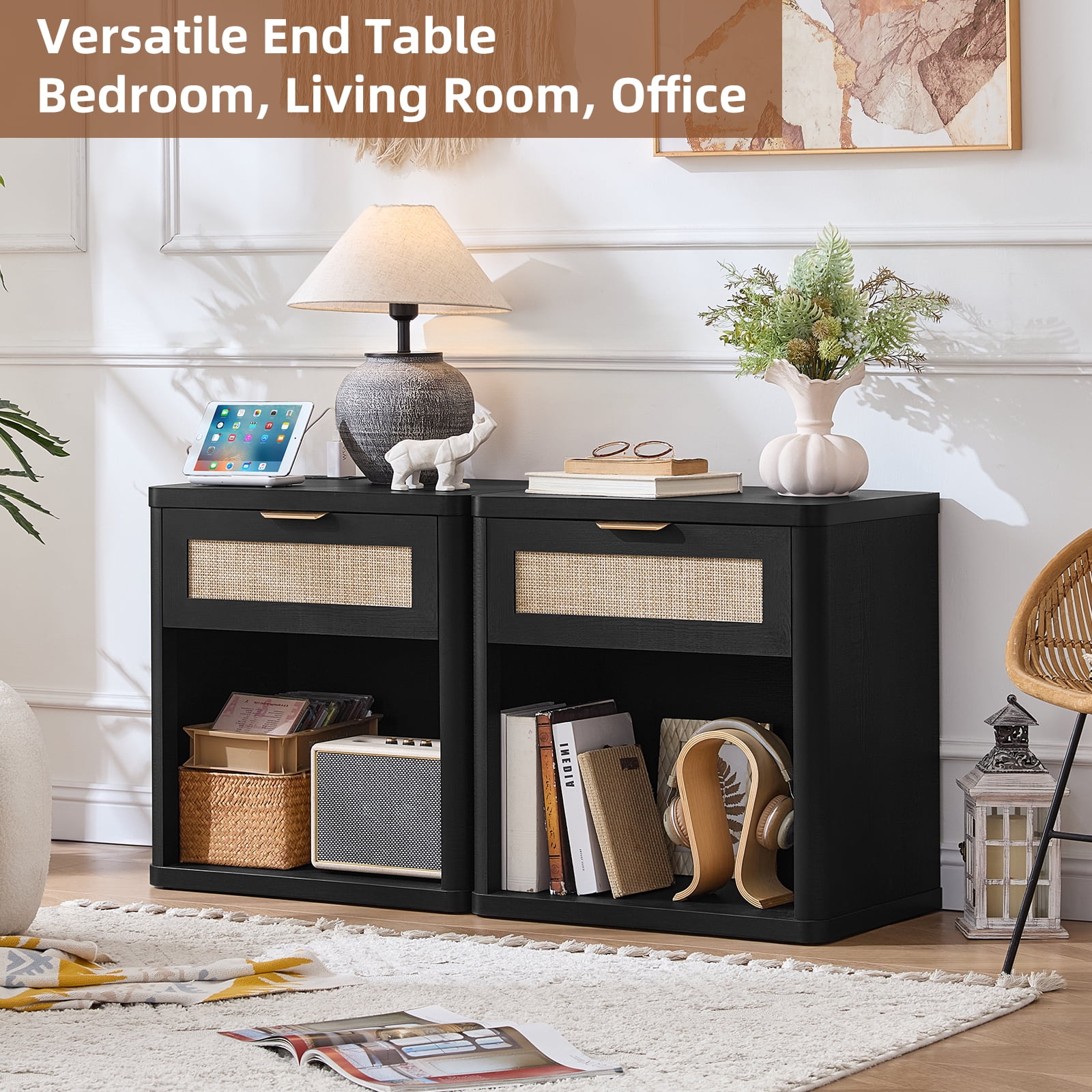 LELELINKY Rattan Nightstand with Charging Station, 23" Wide Boho Bedside Table with Drawer and Shelf for Bedroom, Living Room, Black