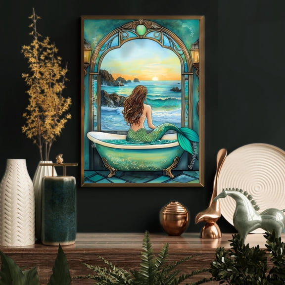 Mermaid In A Bathtub Print - Scenic Beach Bathroom Wall Art - Blue Aqua Coastal Decor - Ocean Inspired Mermaid Art - Beach House Decor Wall Art, Modern Wall Decor, 8x12 UNFRAMED
