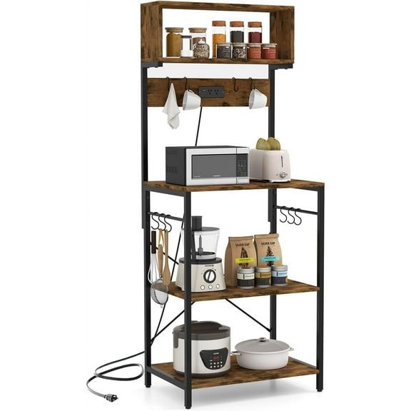 Kitchen Bakers Rack with Power Outlet, 60” Tall Microwave Stand with Open Shelves & 10 Hanging Hooks, Multifunctional Coffee Bar Station for Kitchen, Dining Room, Living Room, Rustic Brown