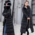 thumbnail image 3 of Chaqueta larga de algodón con cordones para mujer, chaqueta de algodón con cuello de piel grande, gruesa y cálida, con capucha, de color liso, por encima de la rodilla, 3 of 6