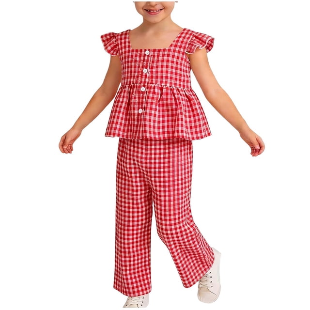 Pounoo Womens Matching Sets Gingham Print Ruffle Sleeve Peplum Top Wide Leg Pants Cute Daily Style (For Small Wearers) Gift