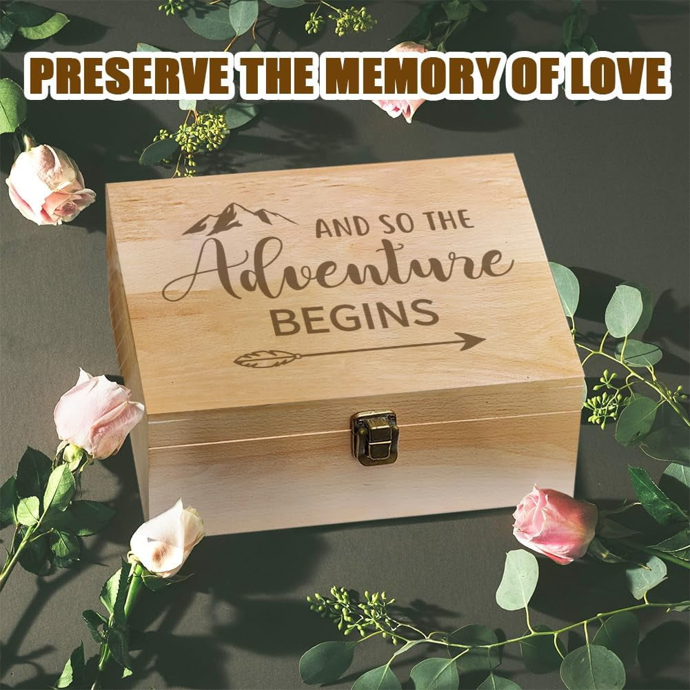 1 Pc Wooden Memory Keepsake Box Adventure Theme Memory Box with Hinged Lids Keepsake Chest for Souvenirs Picture Letter Storage 9.6x7.6x4inch(24.5x19.5x10.3cm)