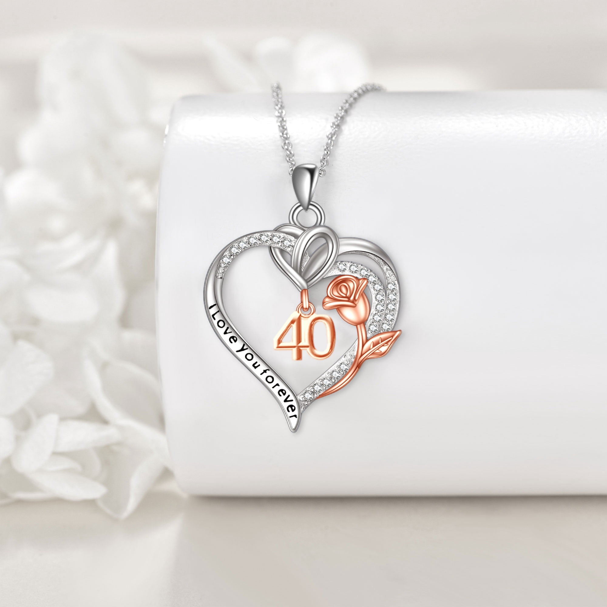 Birthday Necklace Sterling Silver 40th Birthday Pendant Necklace Heart Rose Flower Birthday Jewelry for Women Mothers Day Christmas Gifts