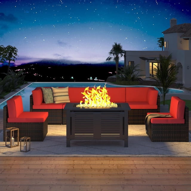 YODOLLA 7-Piece Patio Furniture Set with 43" Fire Pit Table, Rattan Wicker Outdoor Sectional Sofa Couch with Table Patio Conversation Set for Lawn& Backyard In Brown& Red