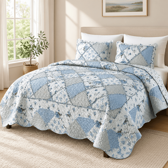 Blue Flpatchwork Quilt Set Full Queen Size 3 Piece Bedding With 2owcases
