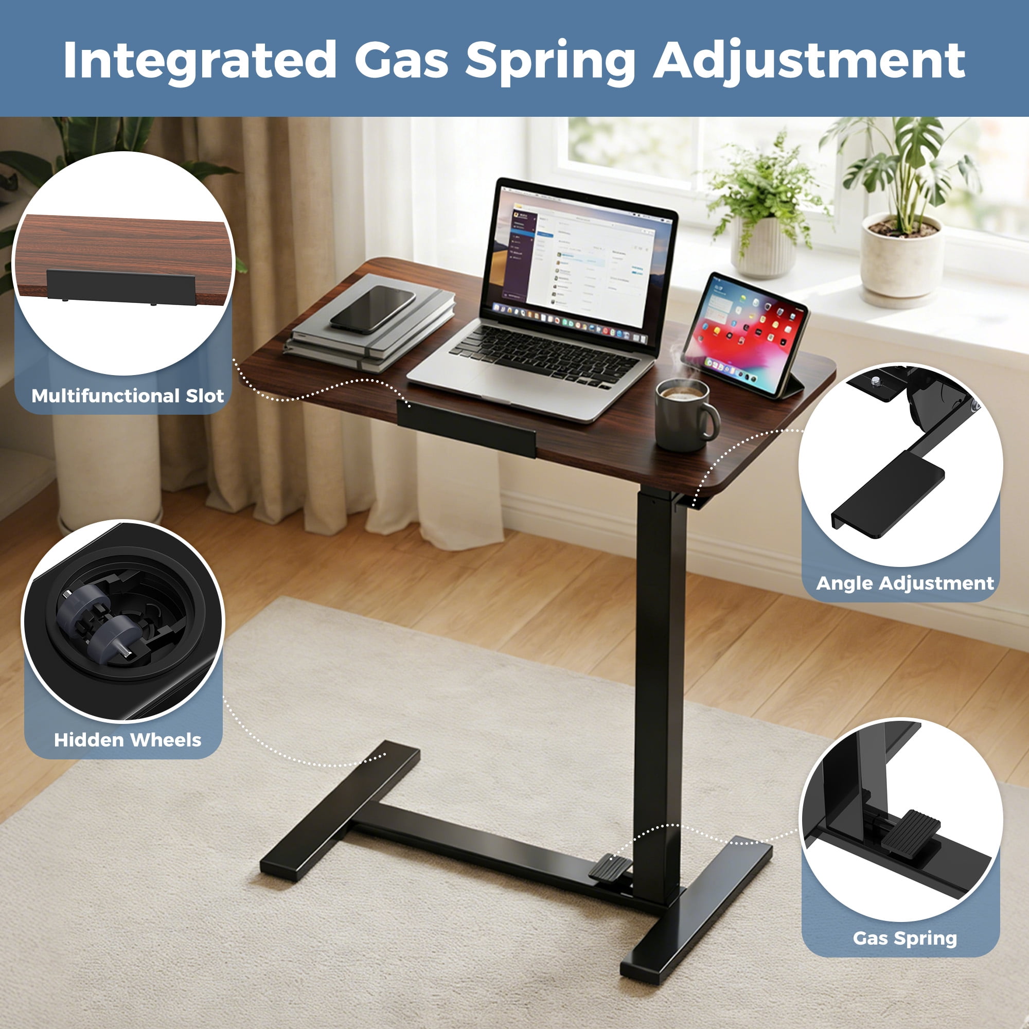 EDX Adjustable Overbed Table with Wheels, Rolling Laptop Bed Desk for Home Hospital Use, Height & Tilt Adjustable Mobile Table for Eating, Working, Reading， Brown
