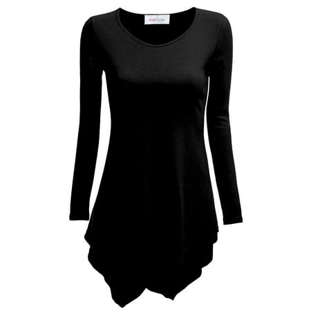 - Women's Handkerchief Hem Tunic Top Long Sleeve Crewneck By Red Hanger- Black S