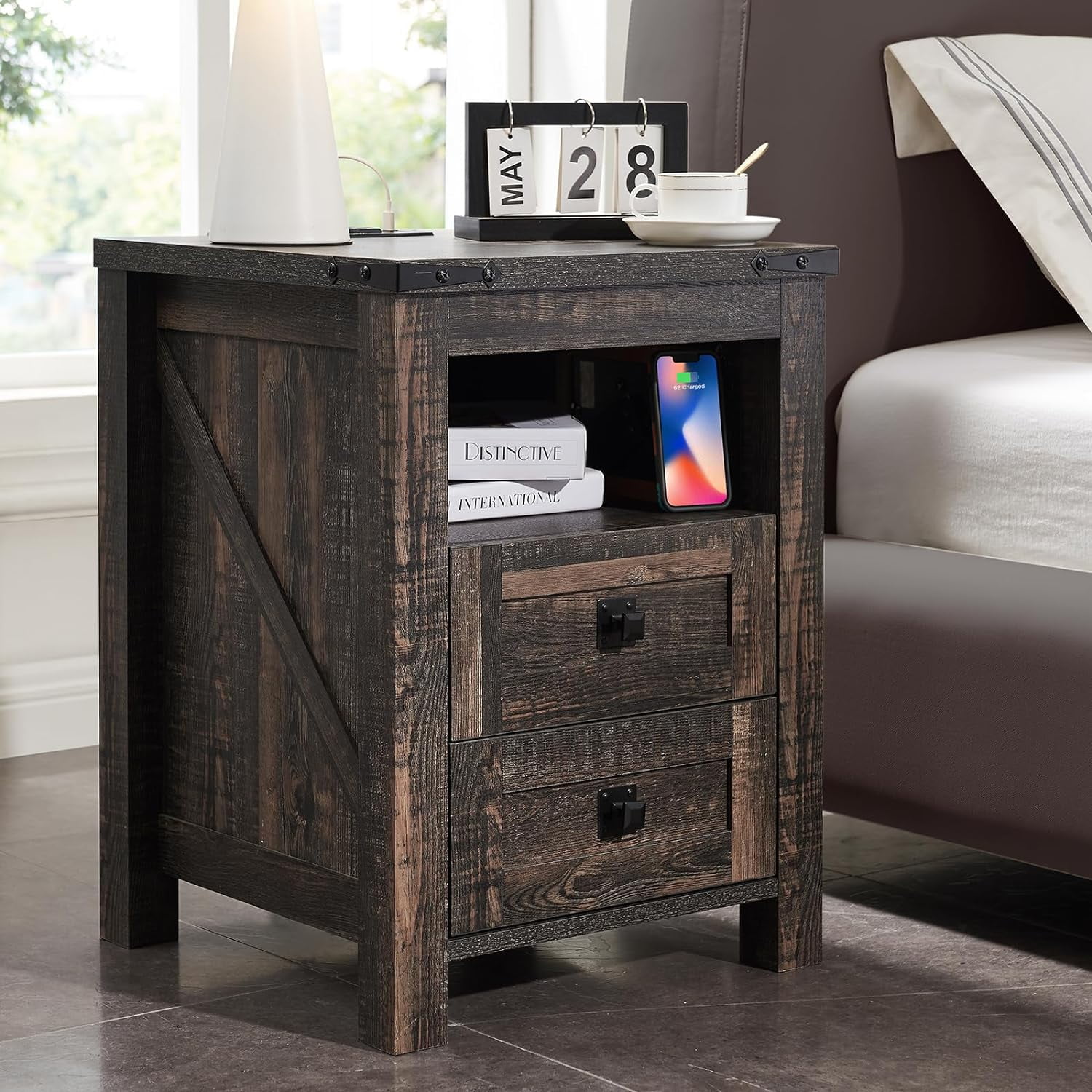 OKD Farmhouse Nightstand Set of 2 with Charging Station, 2-Drawer End Table, Dark Rustic Oak