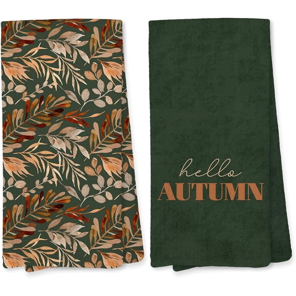 Set of 2 Vintage Fall Botanical Kitchen Towels Dark Green Cottagecore Hand Towels for Bathroom, Rustic Farmhouse Hello Autumn Dish Tea Towels for Kitchen, Fall Bathroom Decor, 16x24 Inches