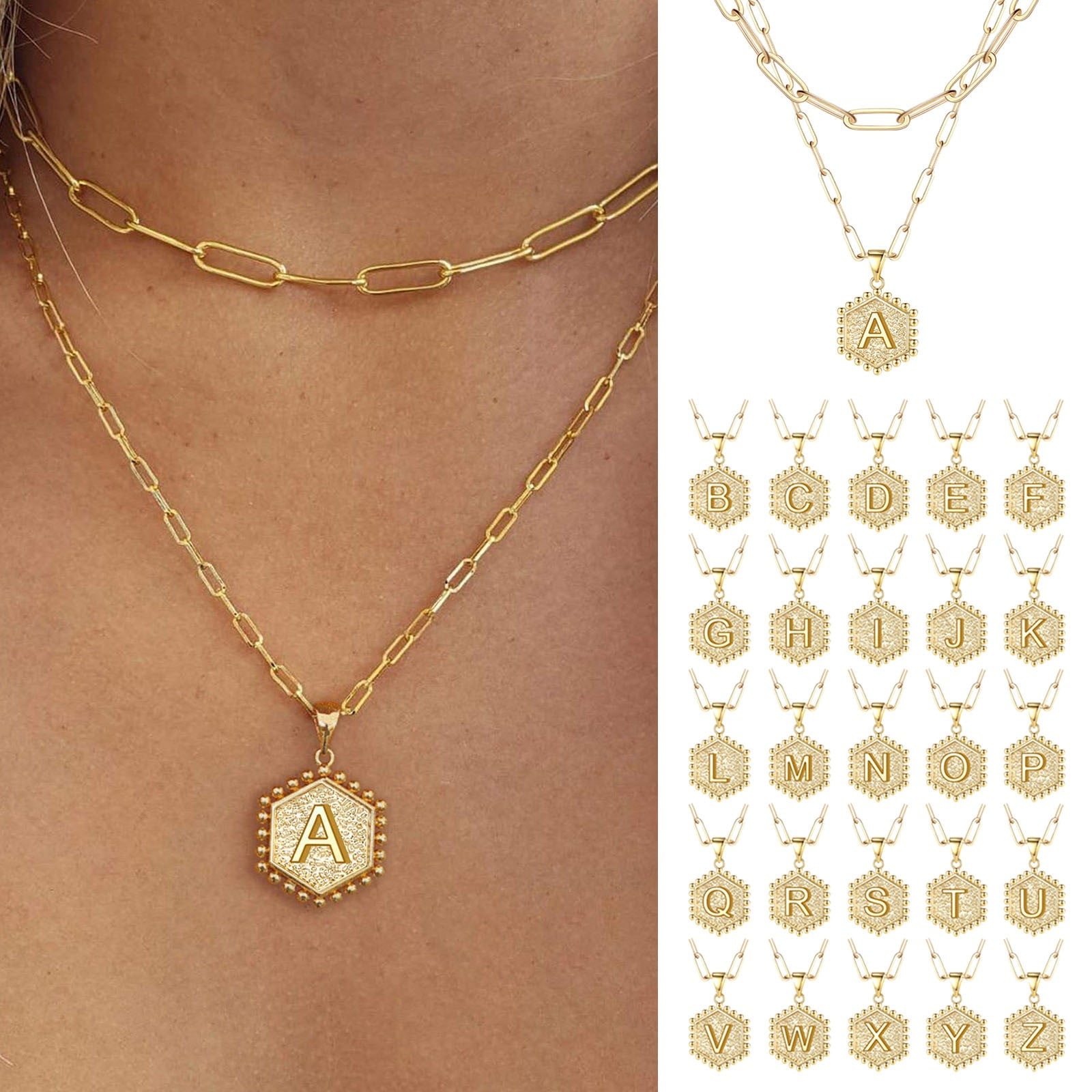 Gold Tone Hexagon Initial Necklace, 26 Letter Alphabet Pendant Jewelry for Women, Minimalist Charm Necklace, Custom Name Necklace, 1 Piece