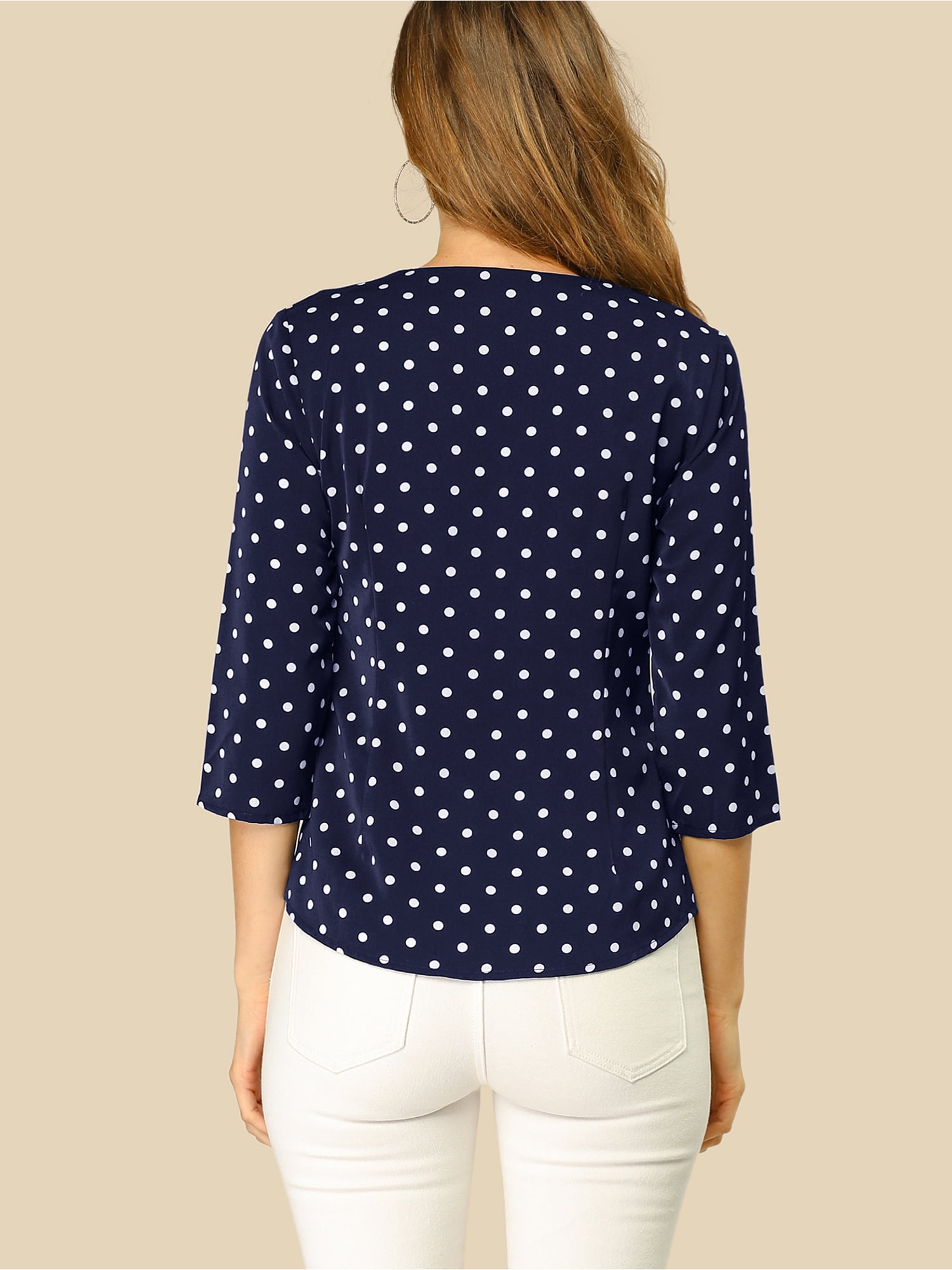 DARING DIVA Women's V Neck Polka Dots 3/4 Sleeve Casual Button Blouse 3XL Dark Blue