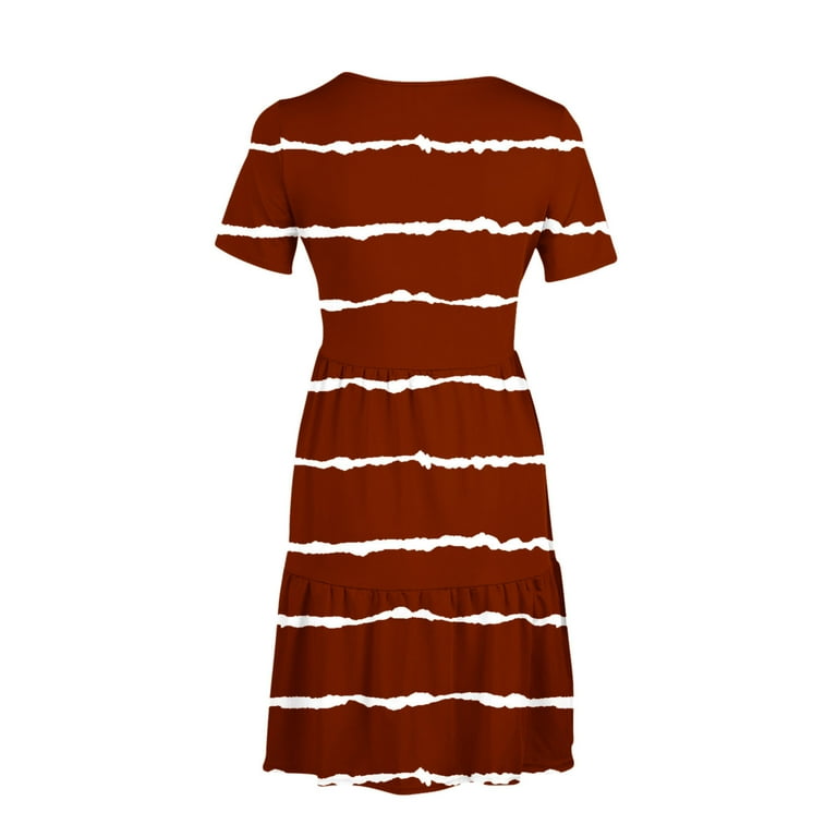 Brgzlk Women Short Sleeve T-Shirt Dress Casual Loose Soft Round Neck Stripe Print Empire Waist Knee Length Double Pocket Swing Tiered Dress Orange A
