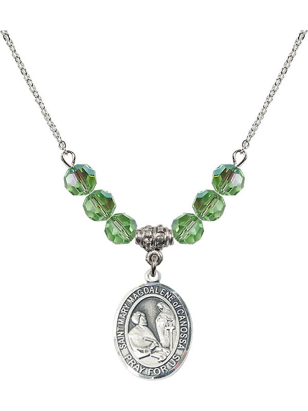 18-Inch Rhodium Plated Necklace with 6mm Peridot Birthstone Beads and Sterling Silver Saint Mary Magdalene Charm. 