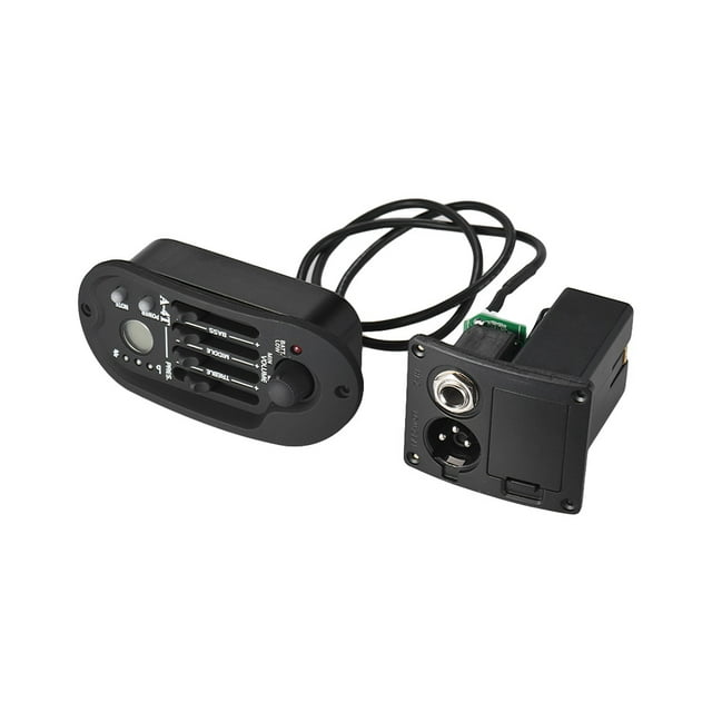 Amplificador de guitarra clásica con ecualizador de 4 bandas y pantalla LCD, sin batería incluida.