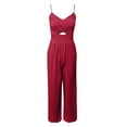 thumbnail image 2 of Baqcunre Women's Solid Color Hollow Thin Shoulder Cuff Pocket Wide Leg Jumpsuit,Color Red,Size S-XXL, 2 of 6
