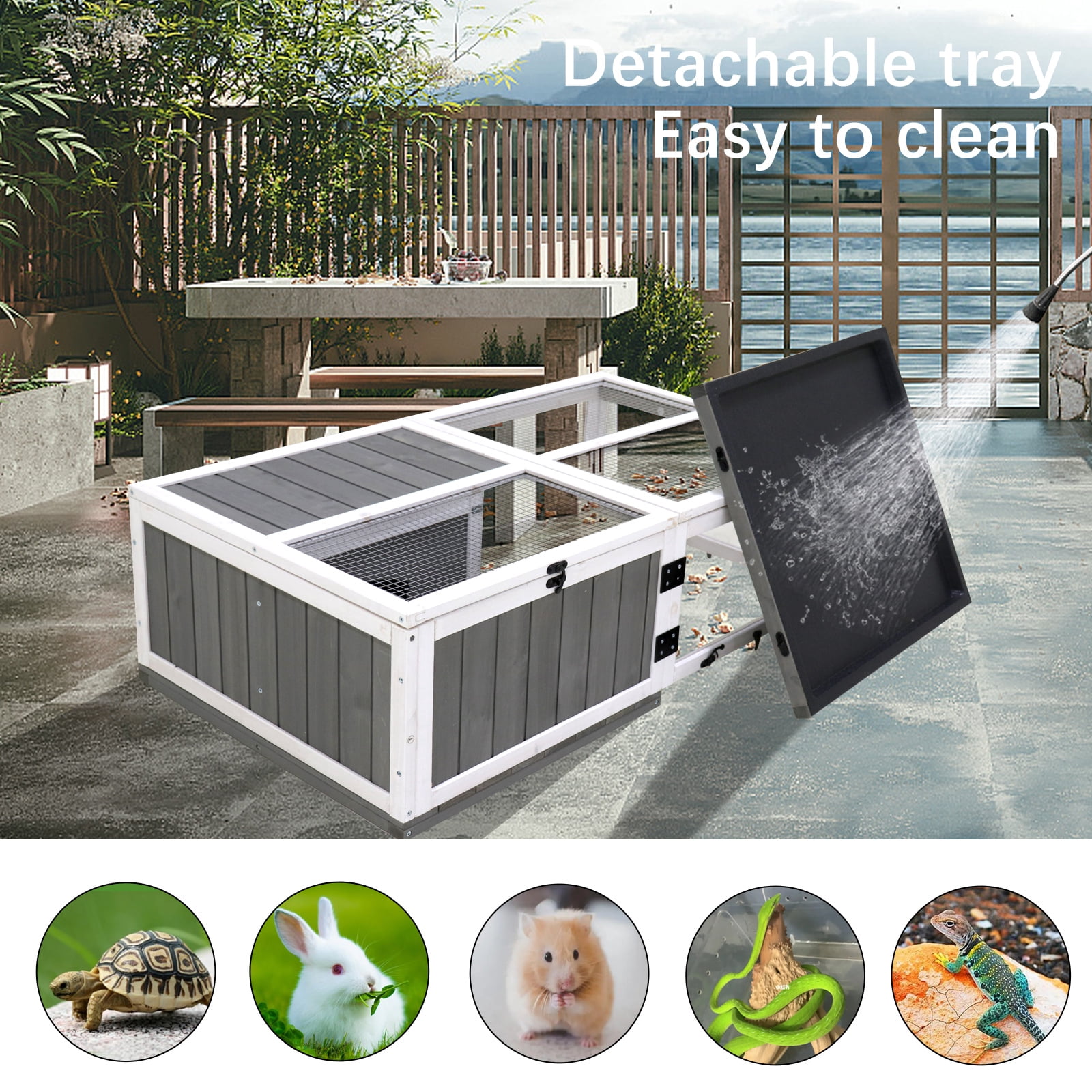 43" Upgrade Waterproof Tray, Activity Tray, Wooden Turtle House Indoor Small Animal Turtle Cage