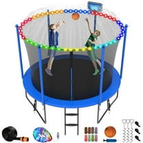 Jump Into Fun Trampoline 8FT with Basketball Hoop and Lights Sprinkler Socks Enclosure, 800LBS Weight Capacity Backyard Outdoor Trampoline for Kids and Adutlts, Trampoline for Gift, Family Use