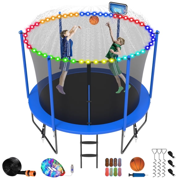 Jump Into Fun Trampoline 8FT with Basketball Hoop and Lights Sprinkler Socks Enclosure, 800LBS Weight Capacity Backyard Outdoor Trampoline for Kids and Adutlts, Trampoline for Gift, Family Use