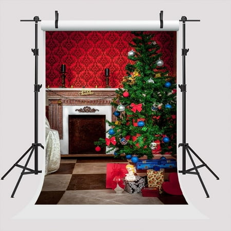 Image of 5x7ft Red Christmas Photography Backgrounds Brown Fireplace Christmas Tree Photo Backdrop for Parties