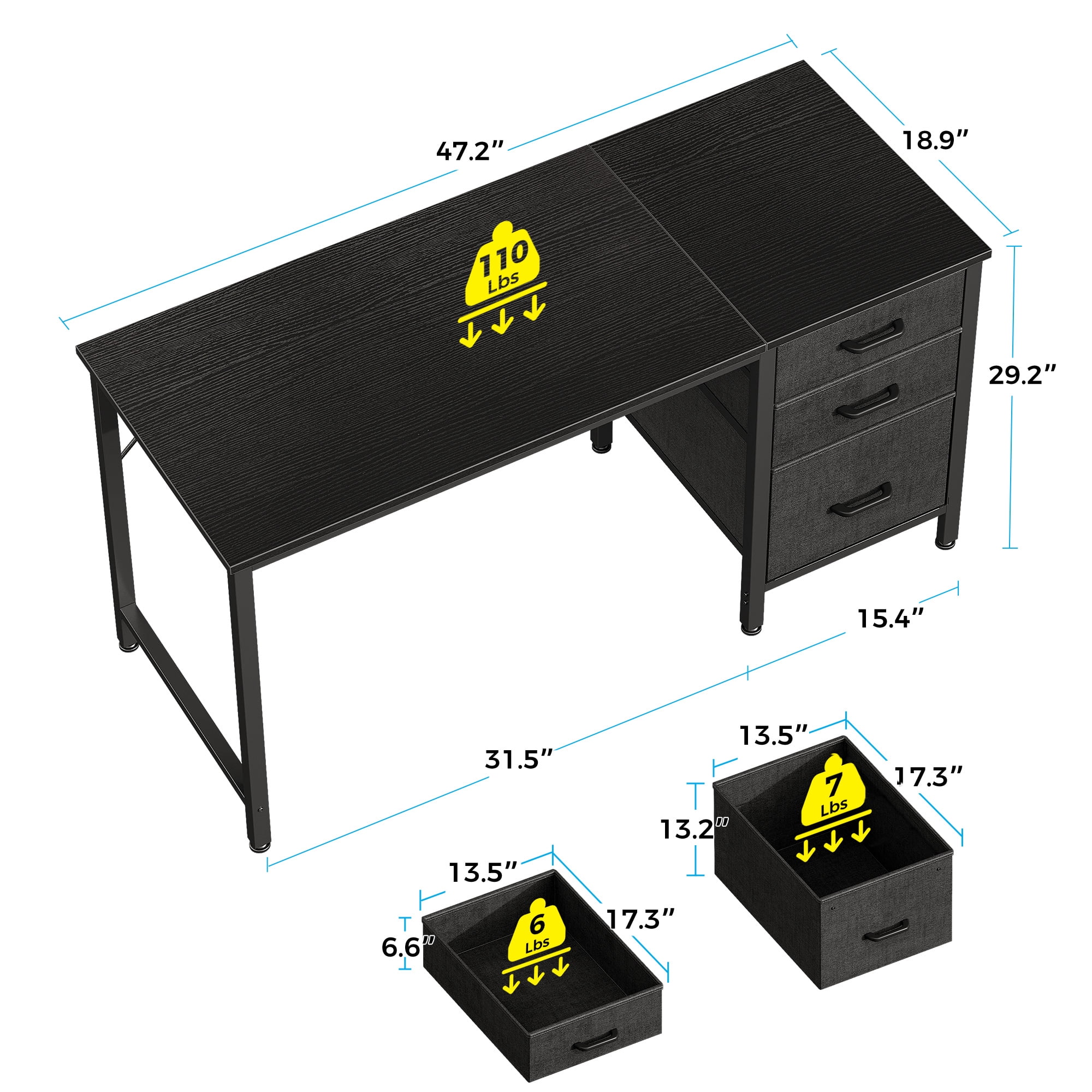48 inch Computer Desk with 3 Fabric Drawers, Home Office Desk with File Cabinet, Writing Desk for Work and Study, Black