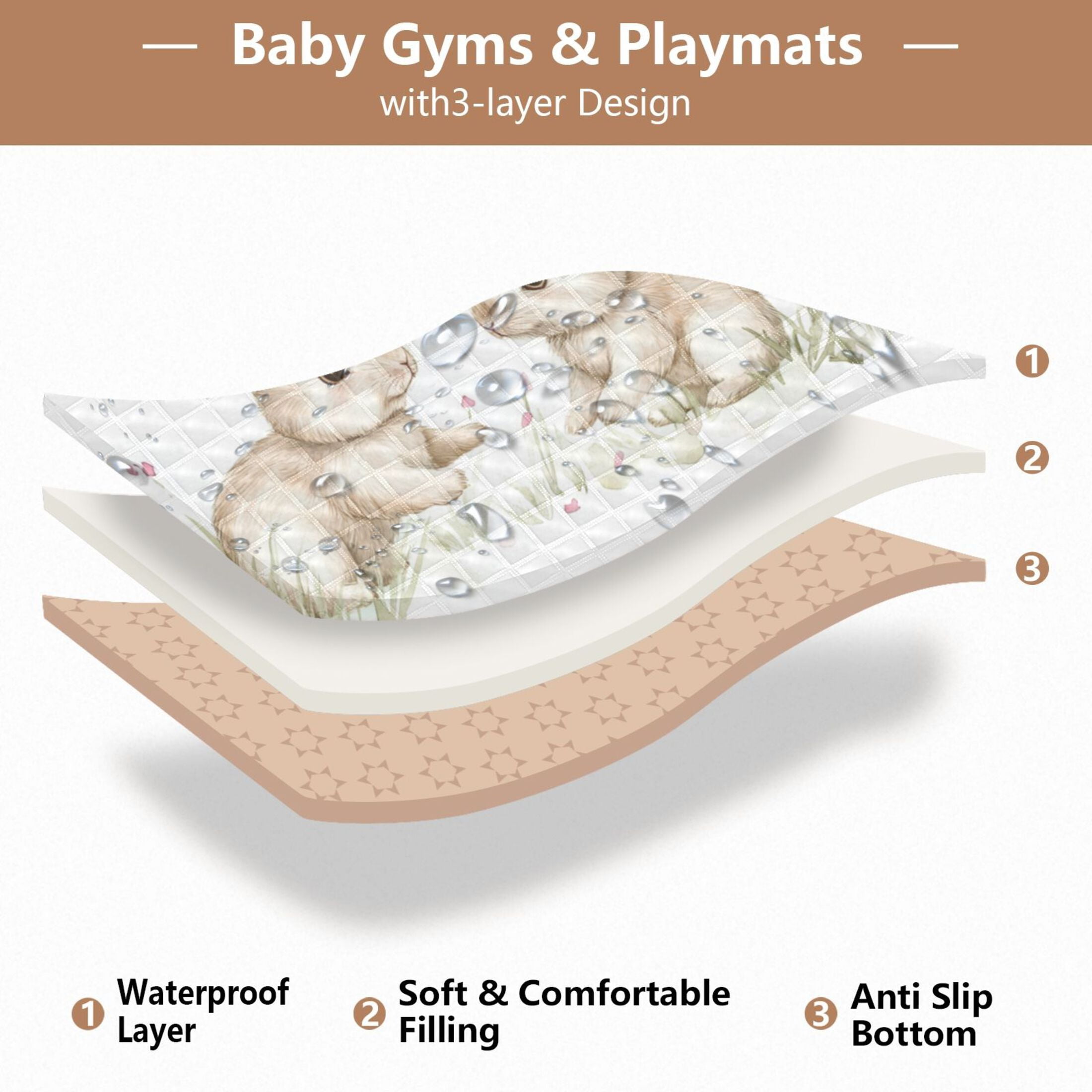 WOBOGO Rabbits Playing with Pink Butterflies Baby Playmats Extra Large Waterproof Rollable Activity Pads for Toddlers 50×50inch