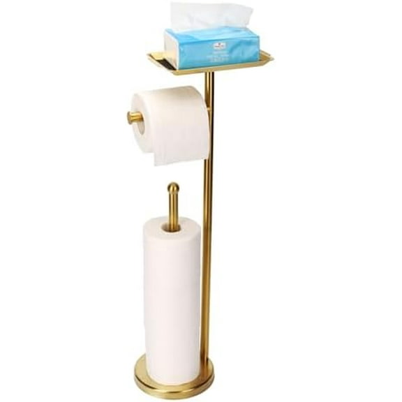 Toilet Paper Holder Stand for Bathroom Floor Freestanding Toilet Roll Dispenser Storages 4 Reserve Rolls, with Top Storage Shelf for Cell Phone (Brushed Gold)