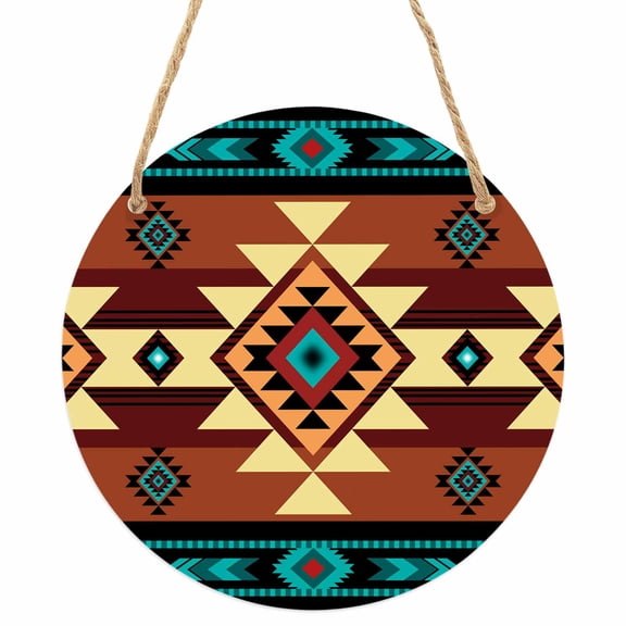 Turquoise Red Round Front Door Welcome Sign, 7.8 Inch Wall Hanging Decor for Indoor Outdoor, Southwest American Native Abstract Pattern Home Porch Hanger Decorations for Holiday Gift