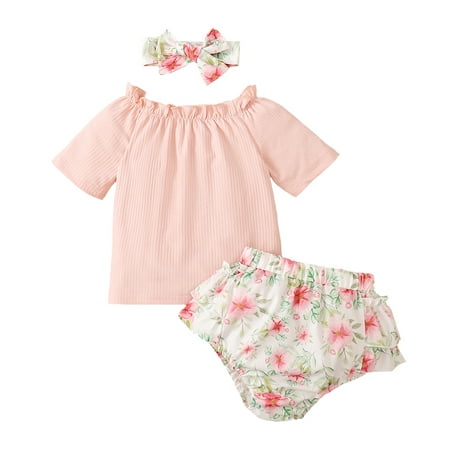 

Infant Baby Girls Clothes Baby Girls Summer Outfits Short Sleeve Top Floral Shorts Headband 3PCS Set Pink 3-6 Months